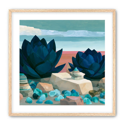 Deep blue blooms on coral ground