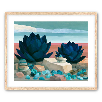 Deep blue blooms on coral ground