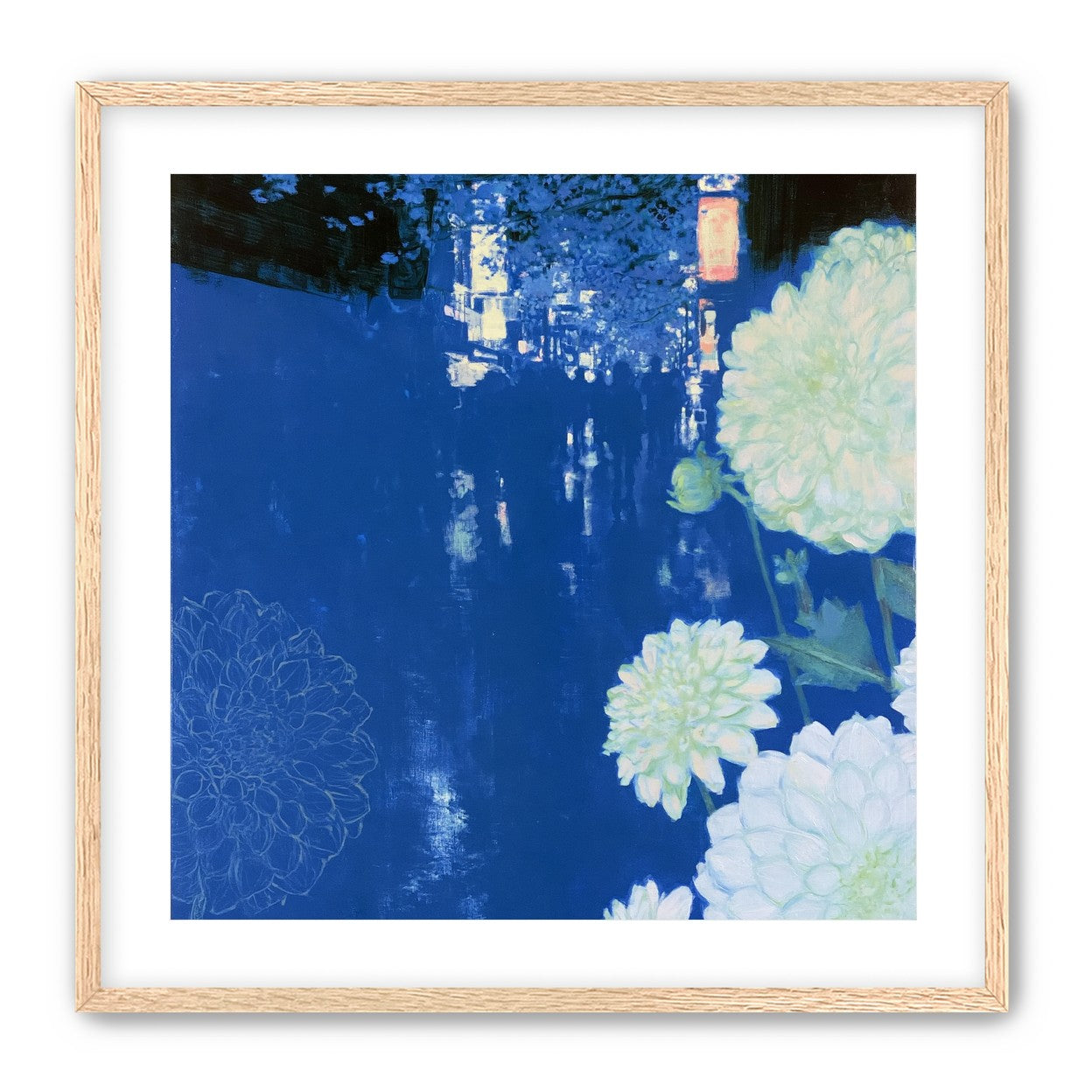 White blooms on blue canal
