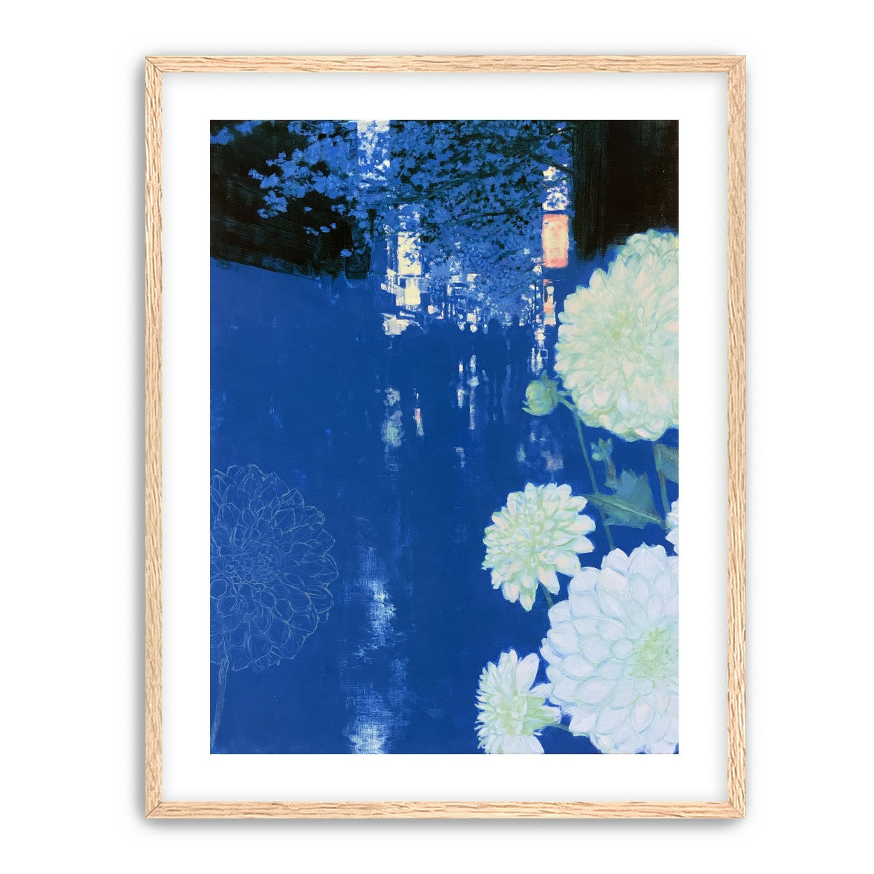 White blooms on blue canal