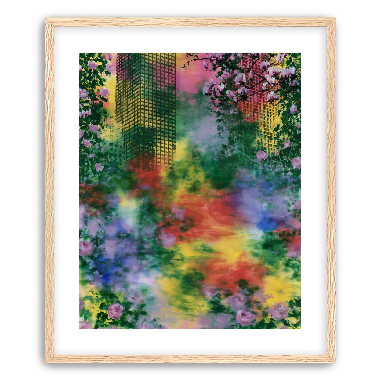 Blossoms over rainbow glass