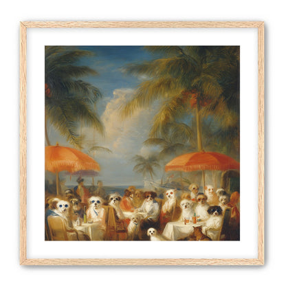 Dogs at seaside tables
