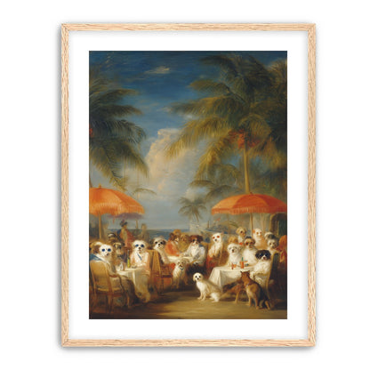 Dogs at seaside tables