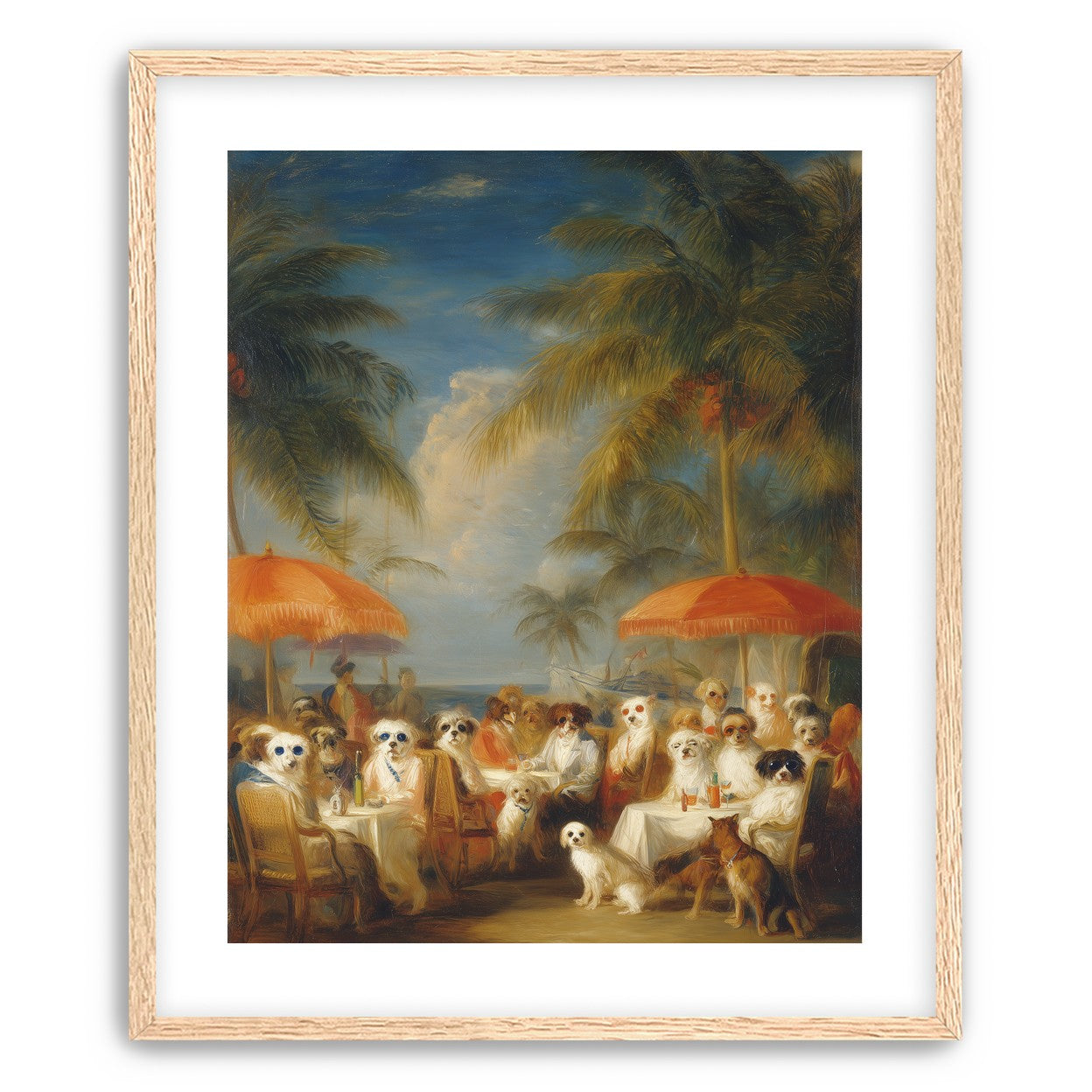 Dogs at seaside tables