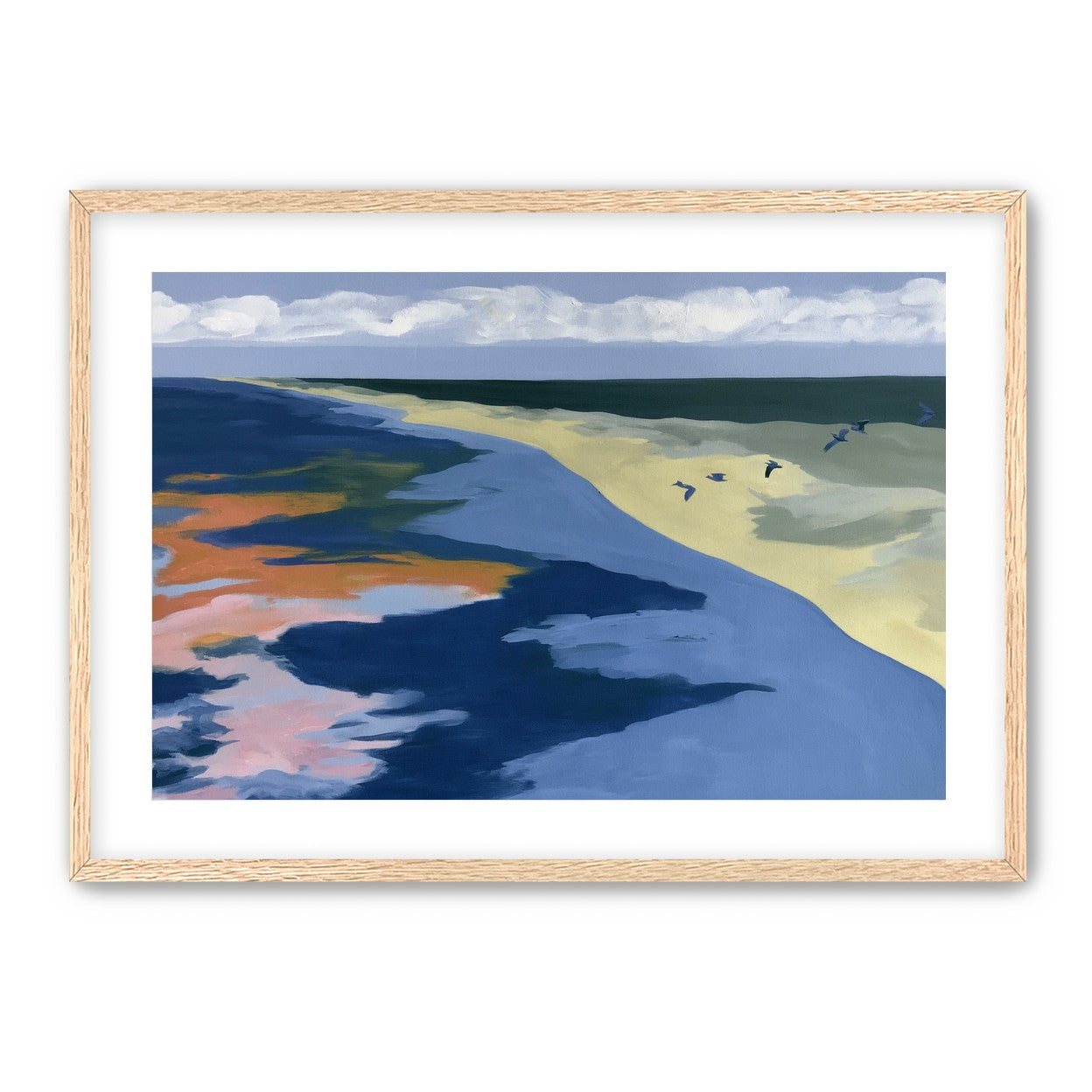 Birds over the pale shore