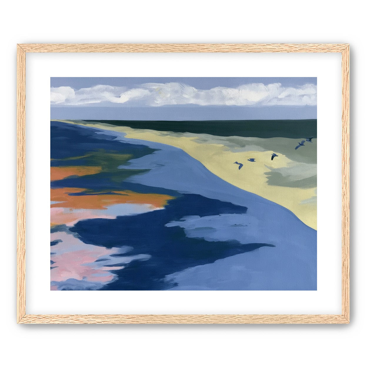 Birds over the pale shore