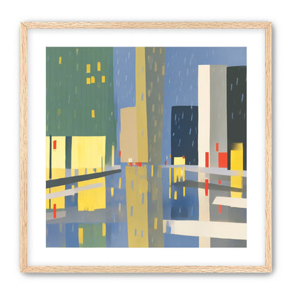Yellow windows on wet blue street