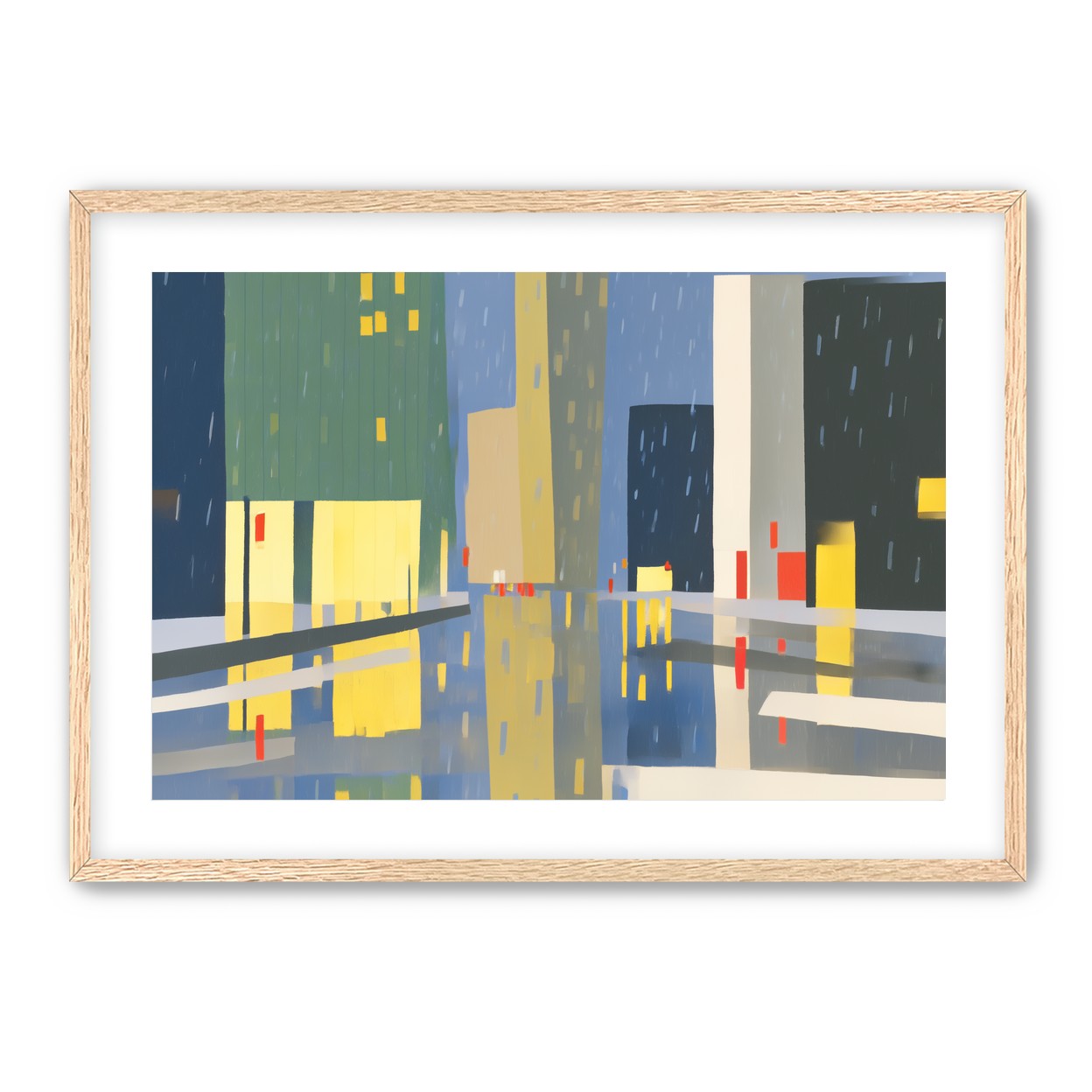 Yellow windows on wet blue street