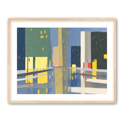 Yellow windows on wet blue street