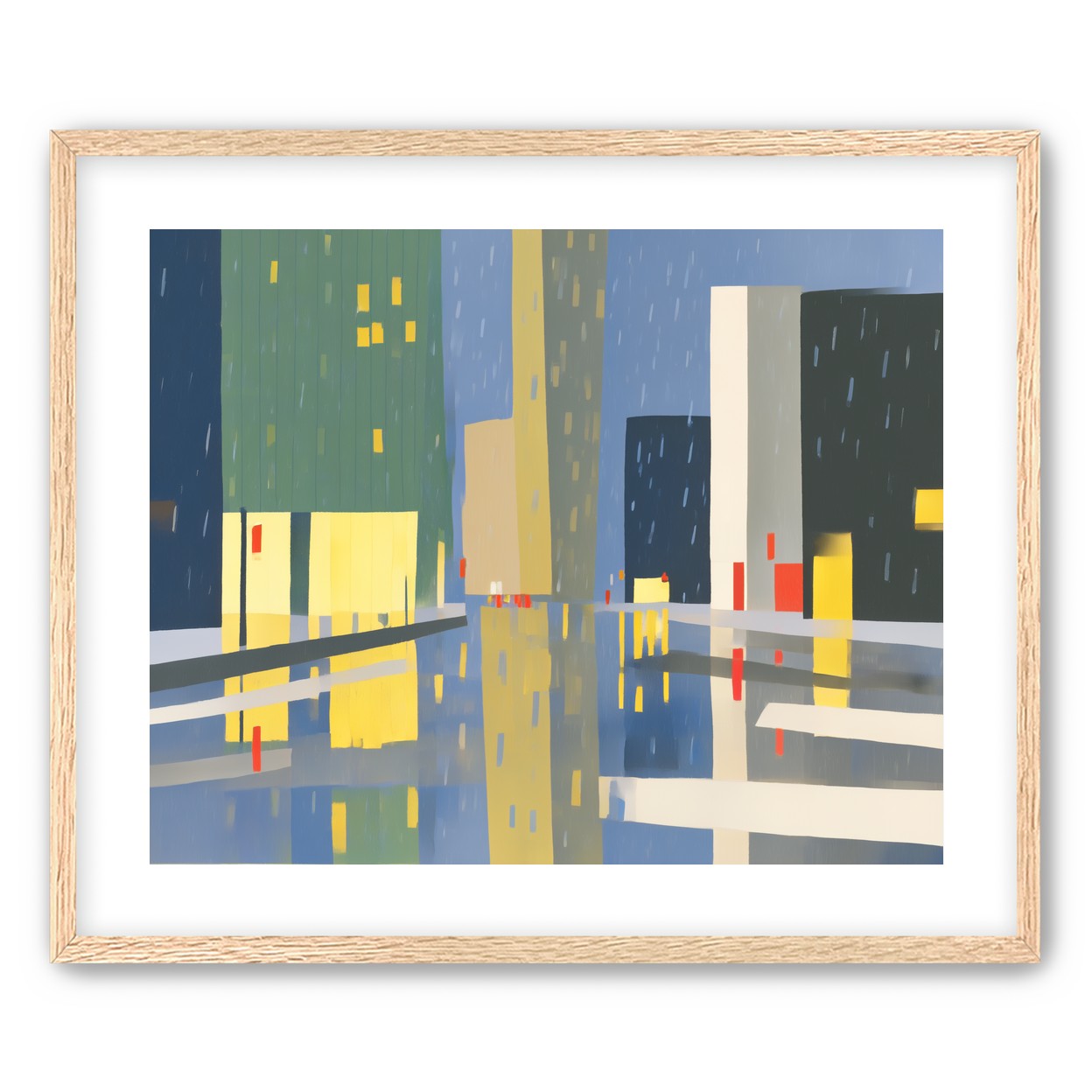 Yellow windows on wet blue street