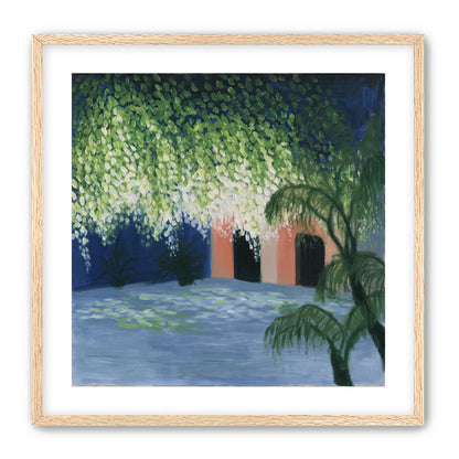 Doorway under falling blossoms