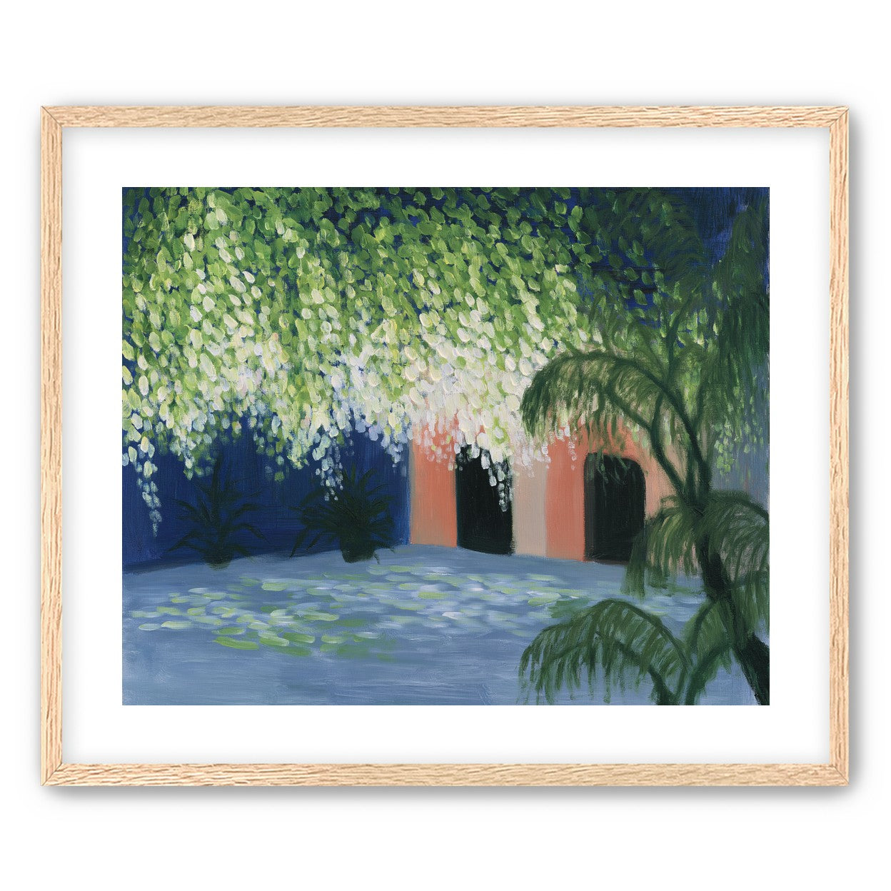Doorway under falling blossoms