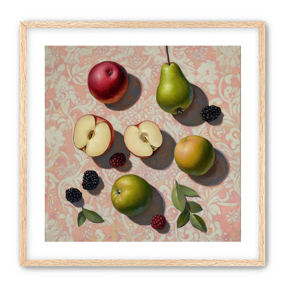 Apples, Pear, and Berries on Floral Fabric