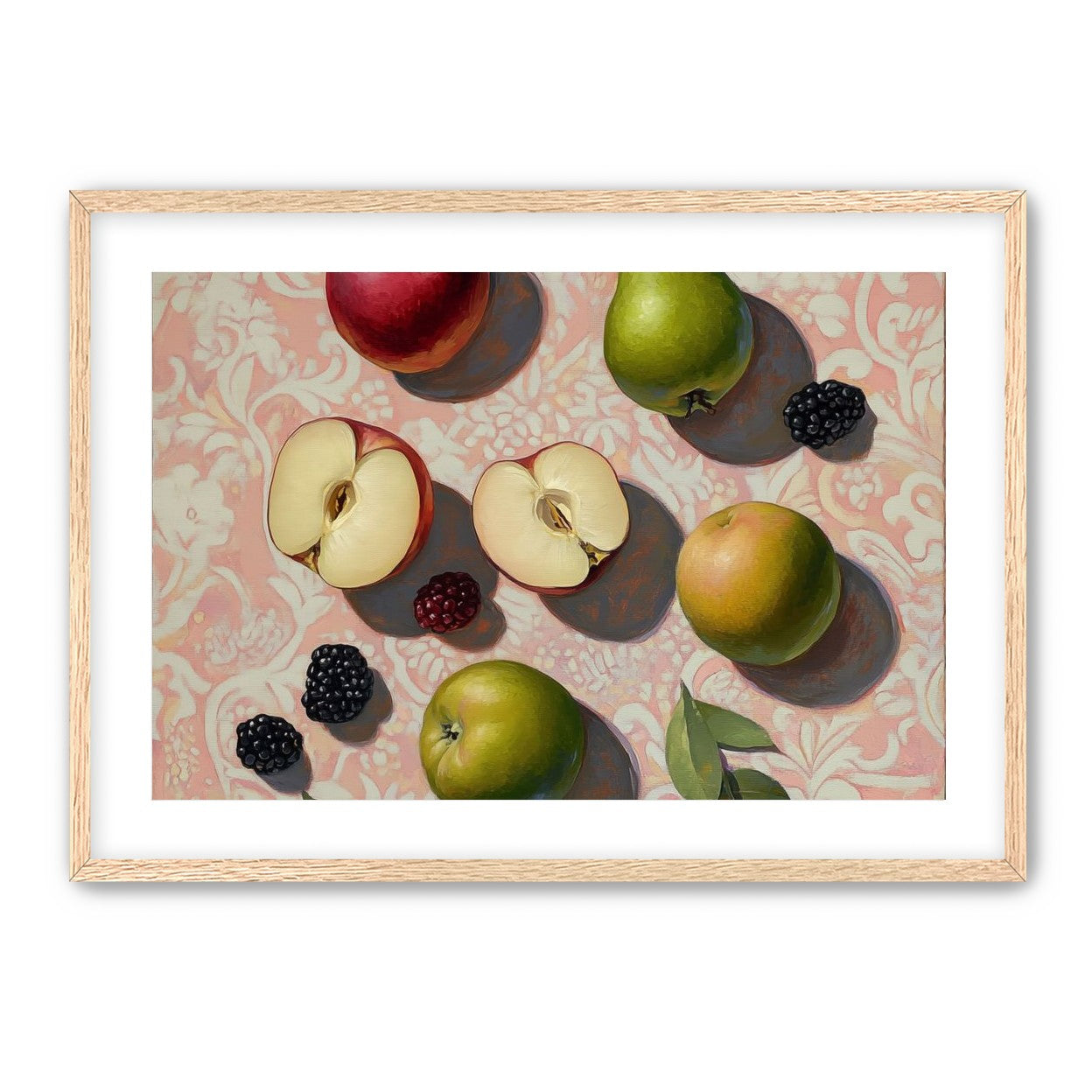 Apples, Pear, and Berries on Floral Fabric