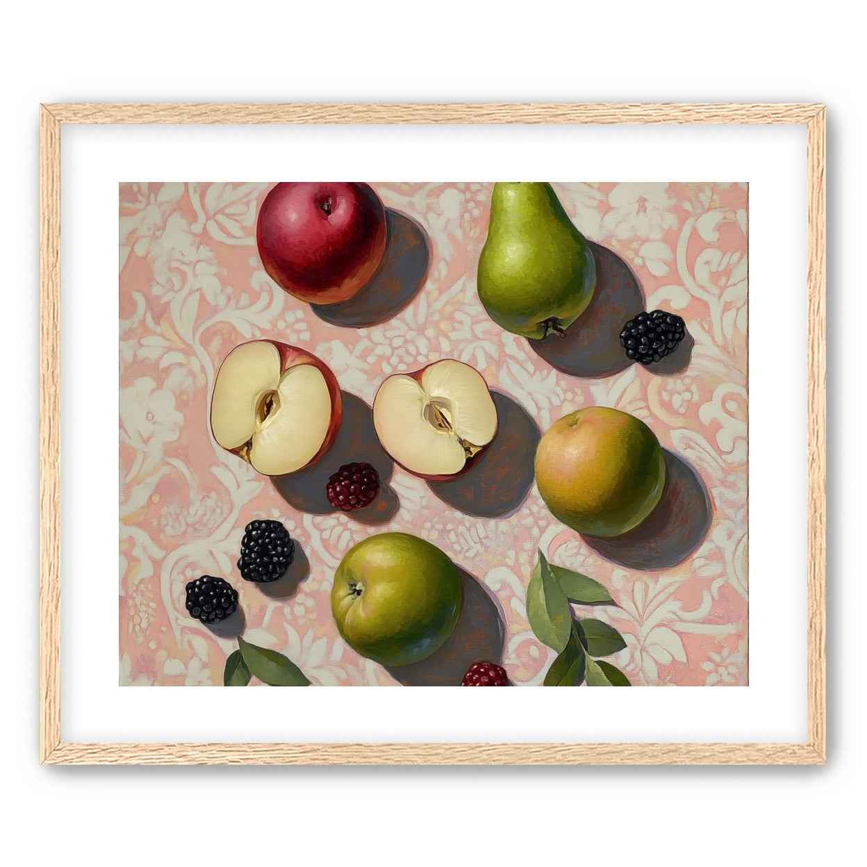 Apples, Pear, and Berries on Floral Fabric