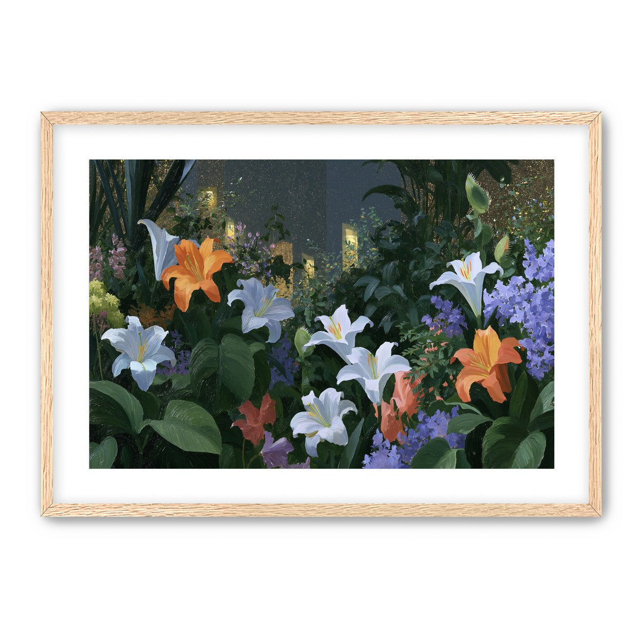 Lit windows beyond the lilies
