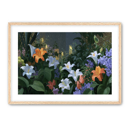Lit windows beyond the lilies
