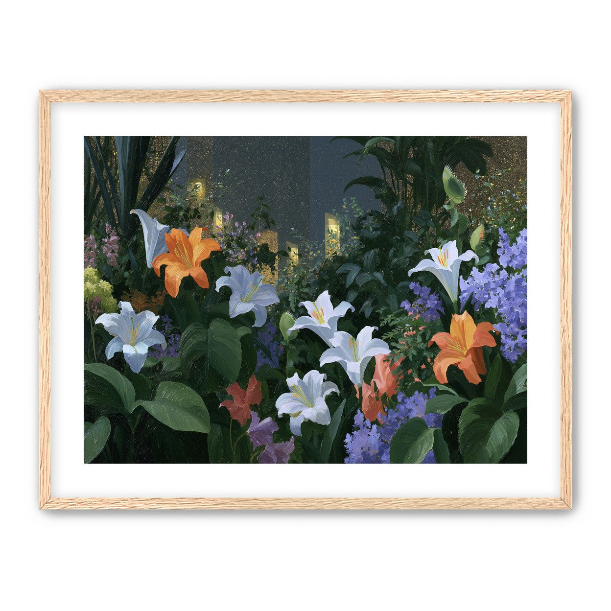 Lit windows beyond the lilies
