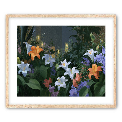 Lit windows beyond the lilies