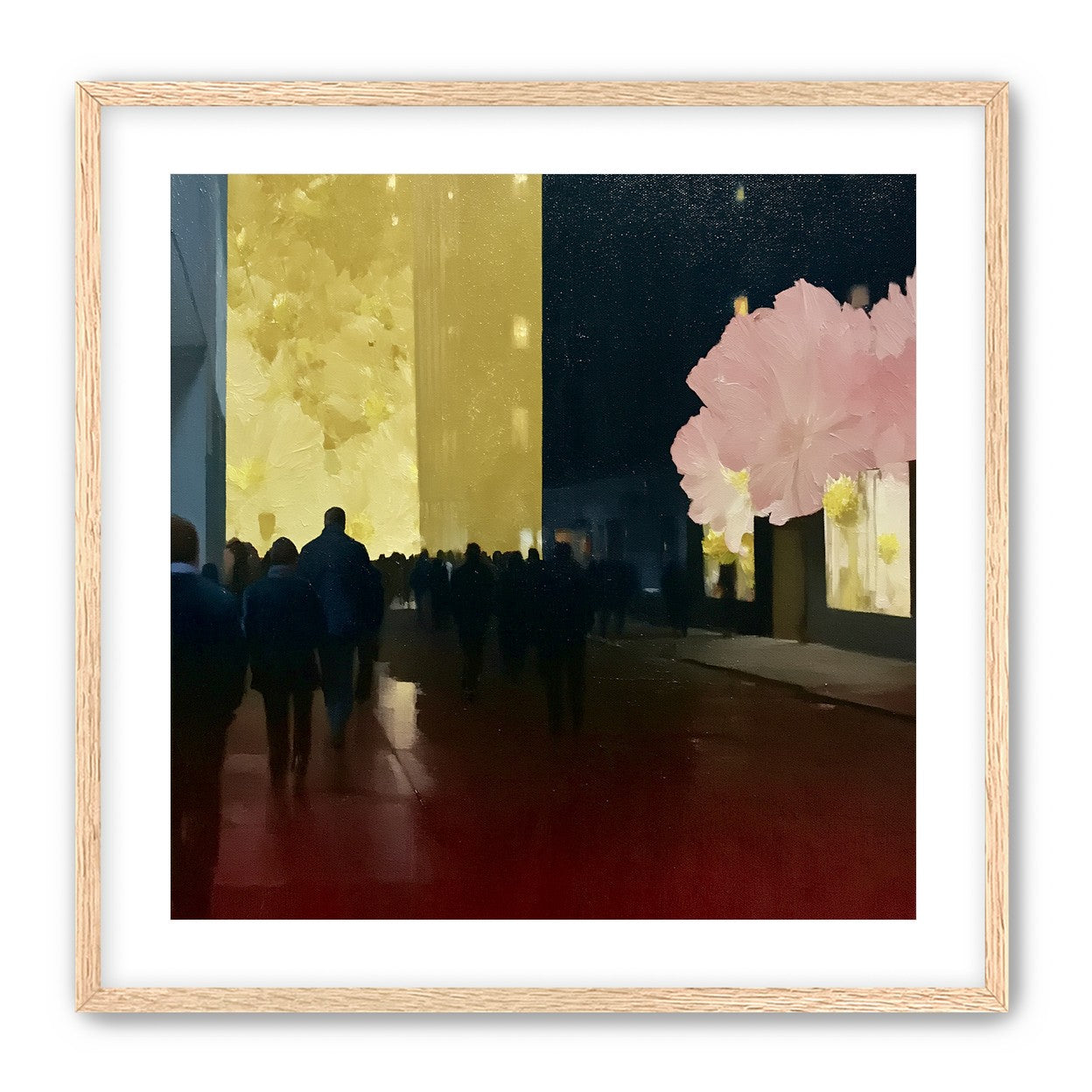 Crowd beneath the glowing wall