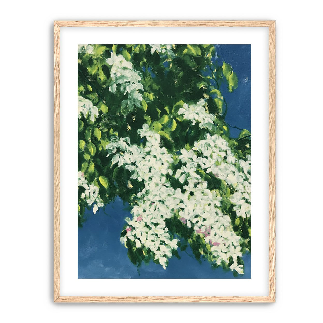 White blossoms on blue field
