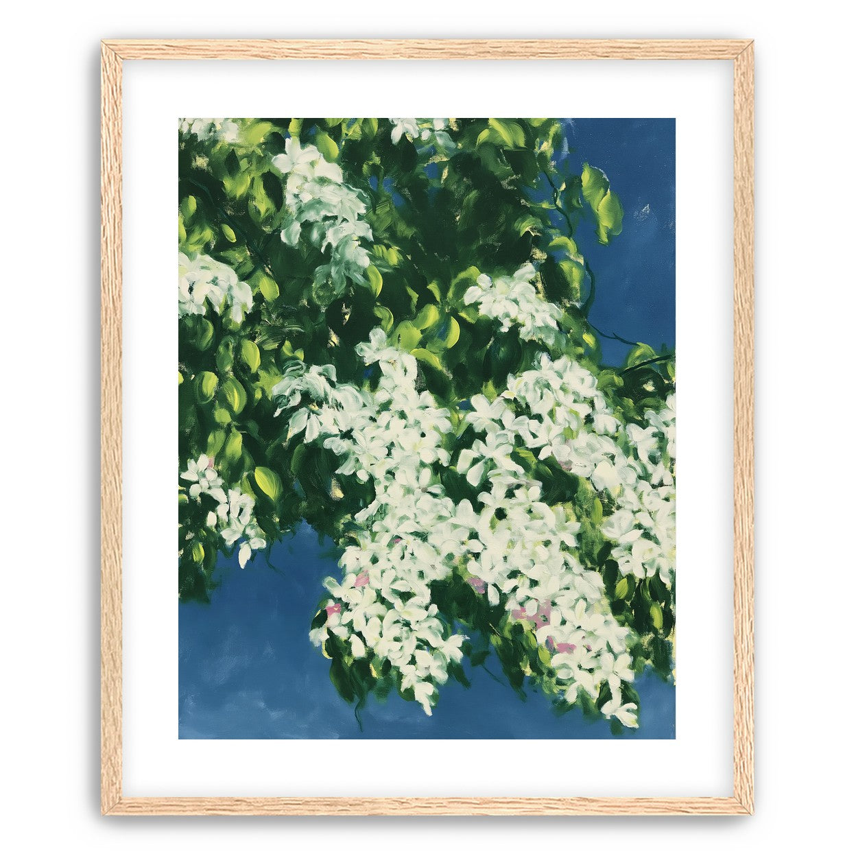White blossoms on blue field