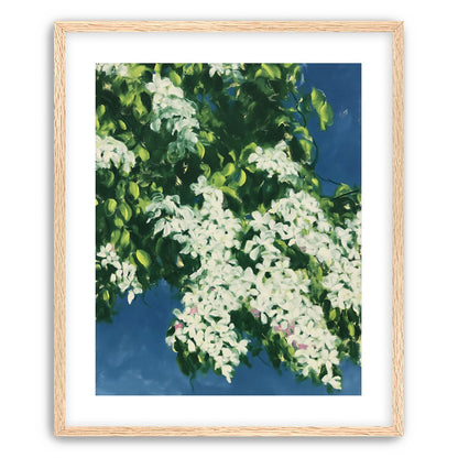 White blossoms on blue field