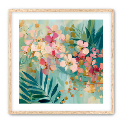 Blossoms over teal leaves