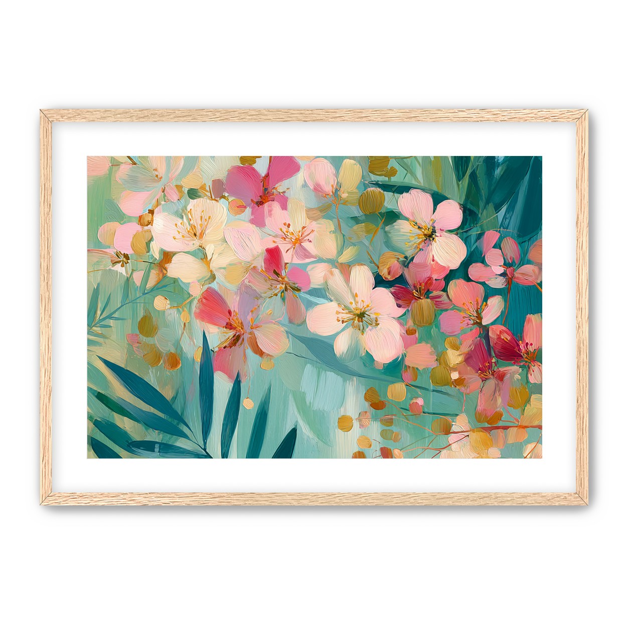 Blossoms over teal leaves