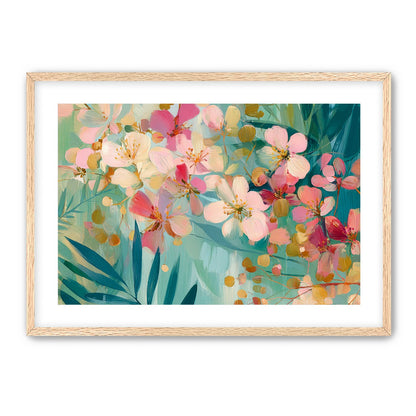 Blossoms over teal leaves