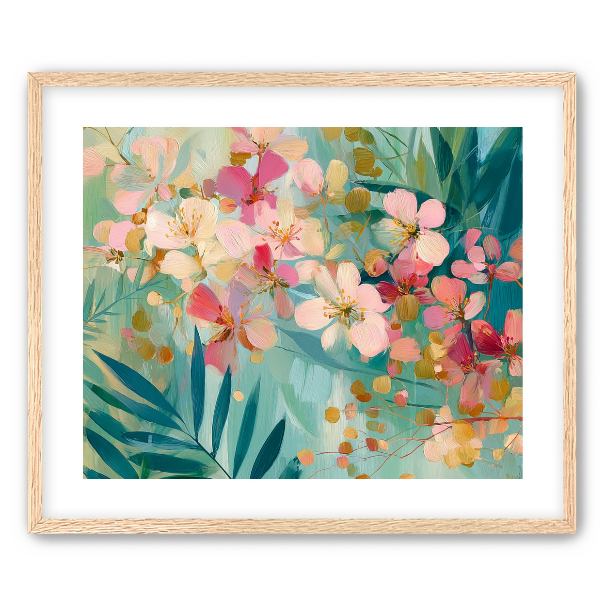 Blossoms over teal leaves