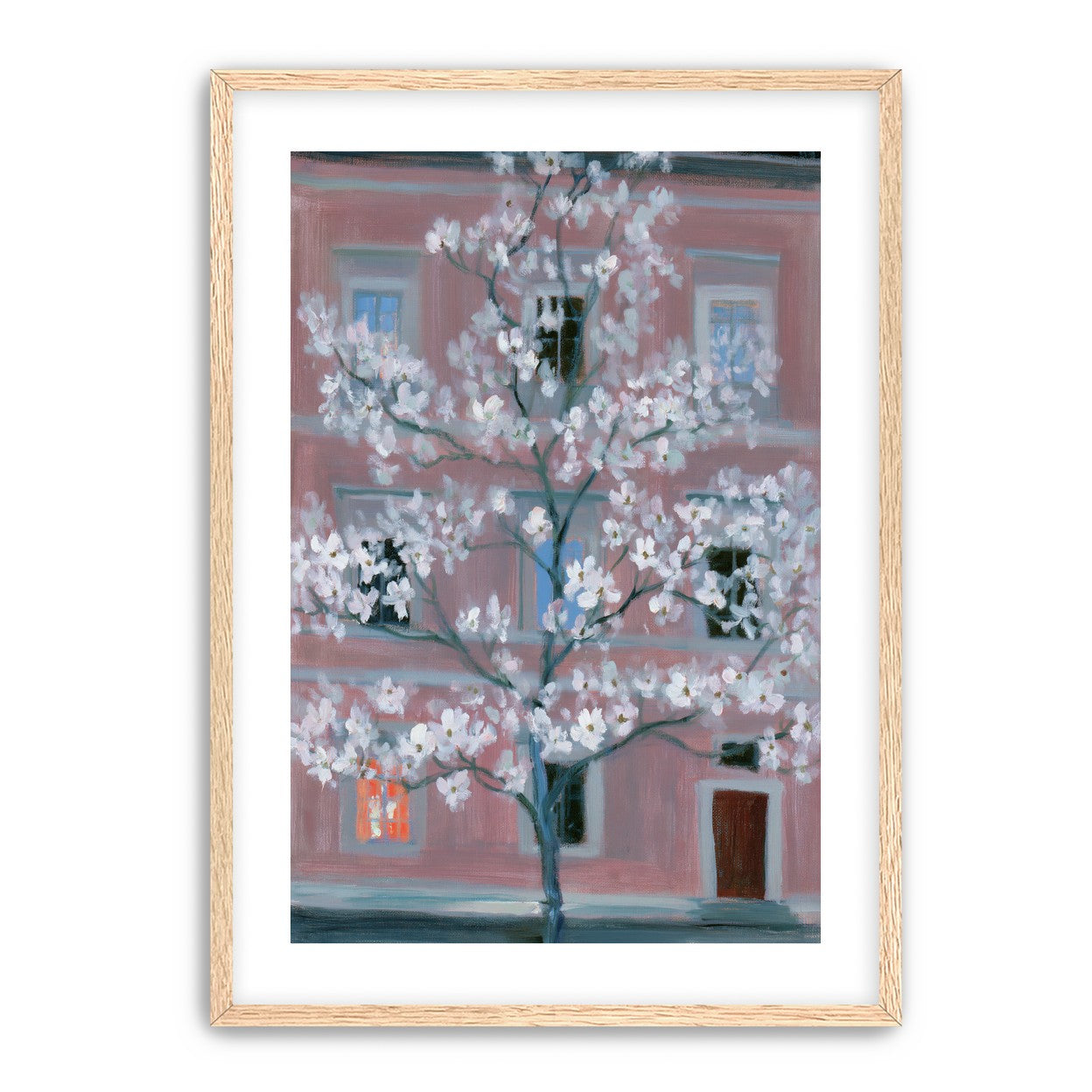 White blossoms against the pink house