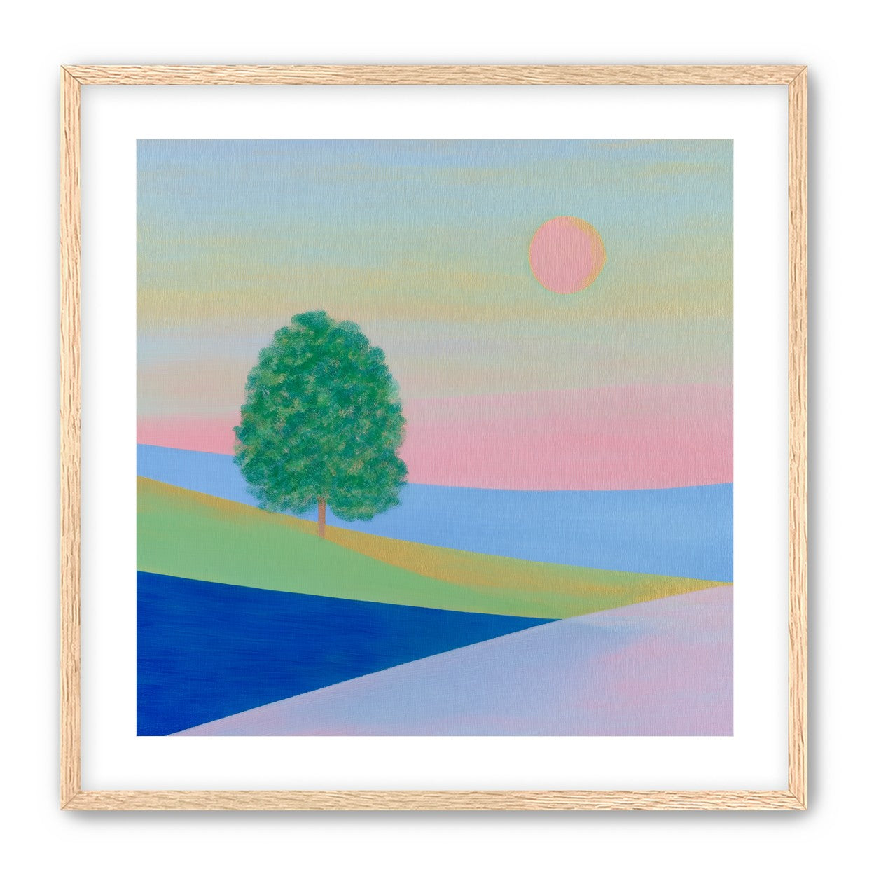 Pink sun over striped hills