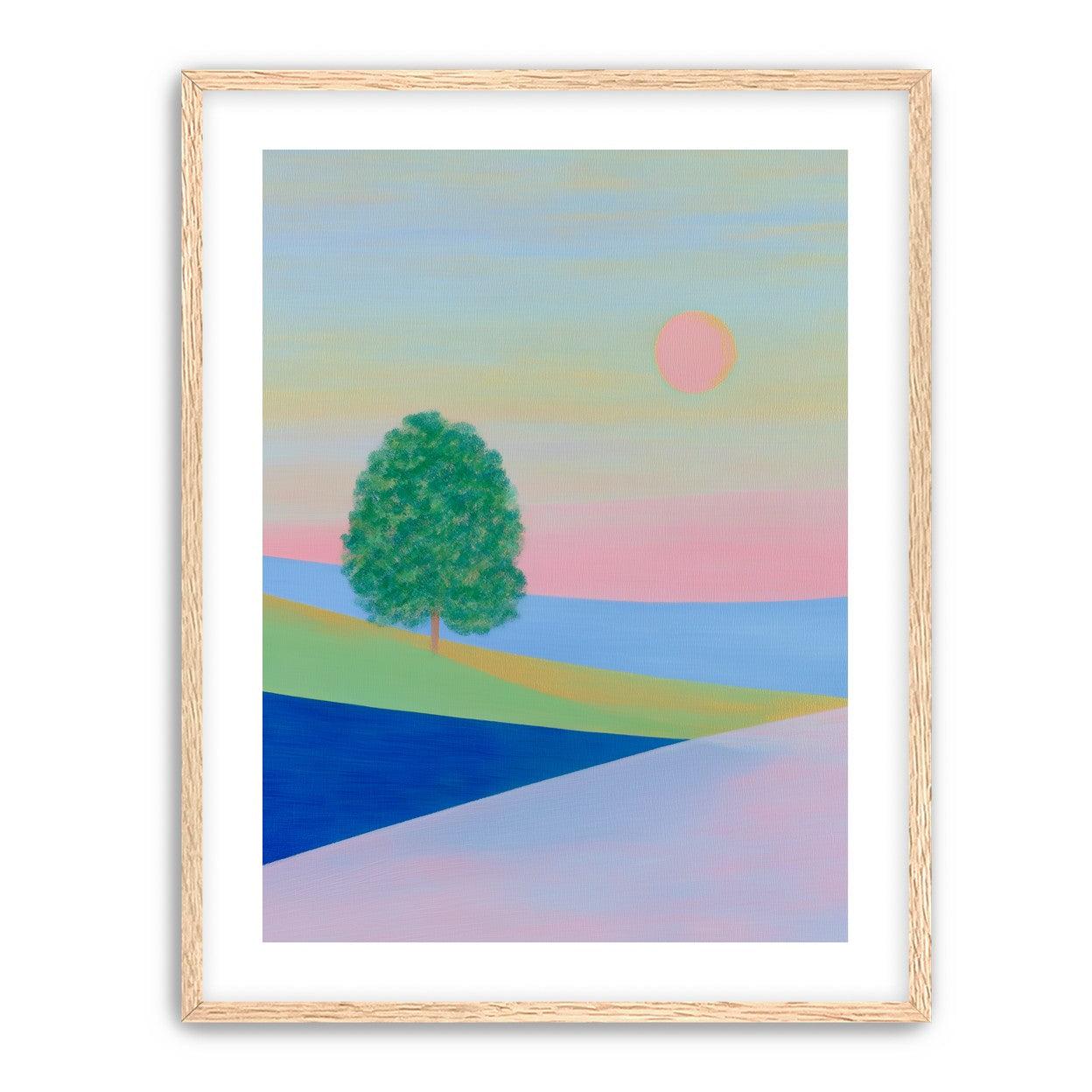 Pink sun over striped hills