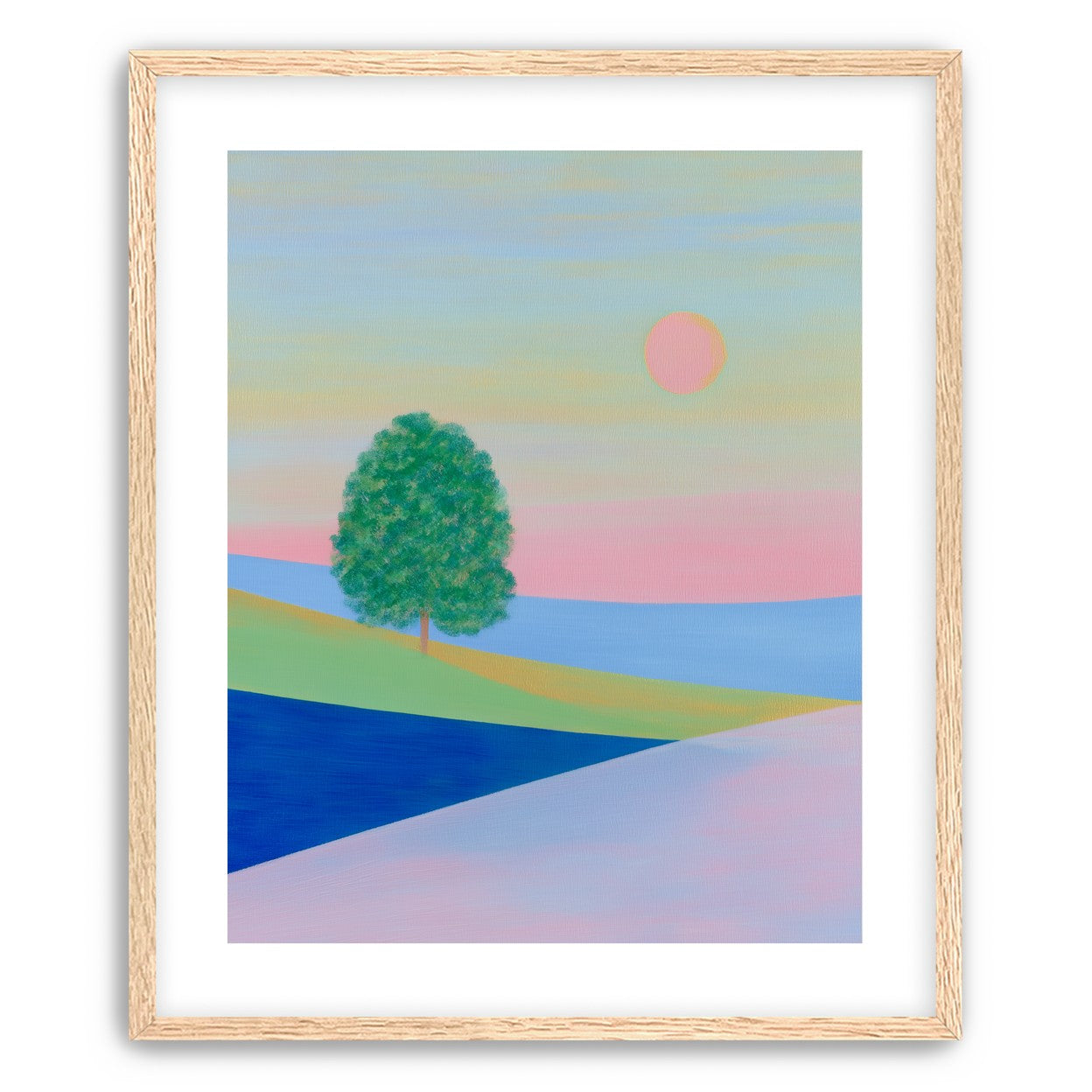 Pink sun over striped hills