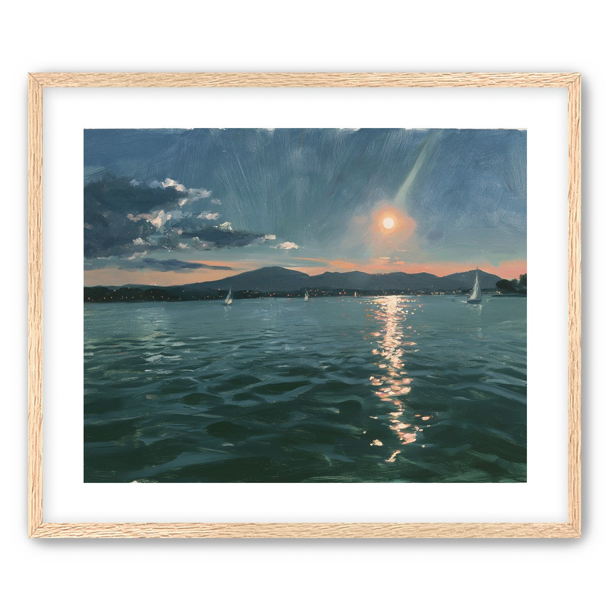 Peach sun on blue water