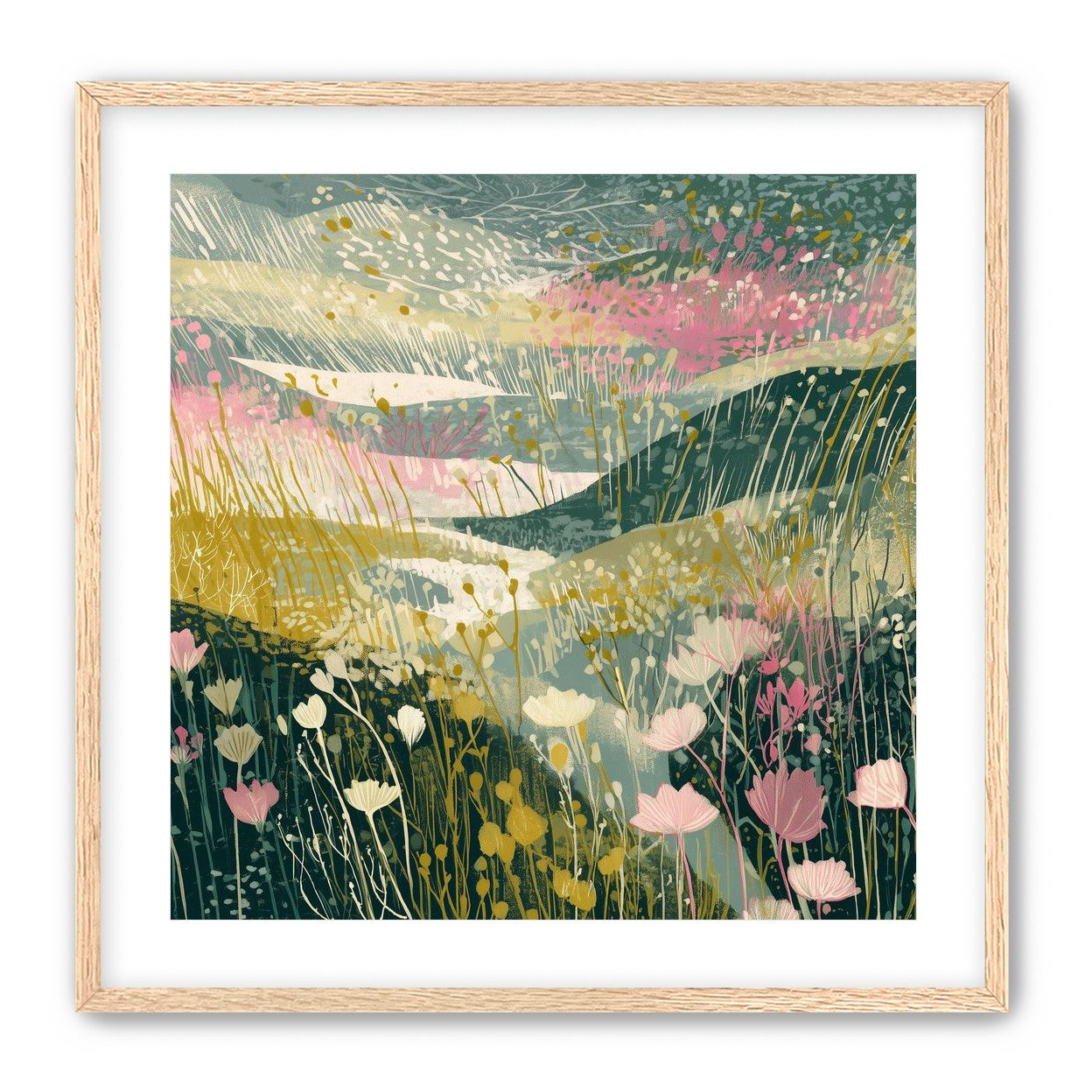 Wildflowers across layered hills