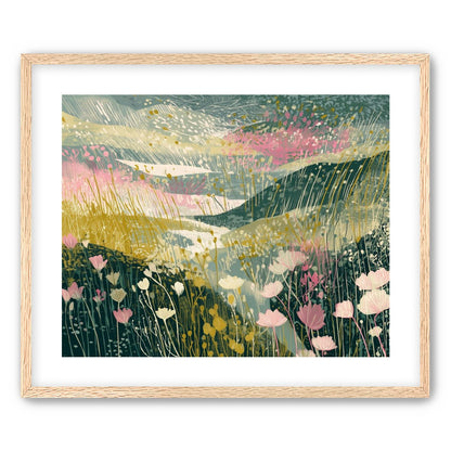 Wildflowers across layered hills