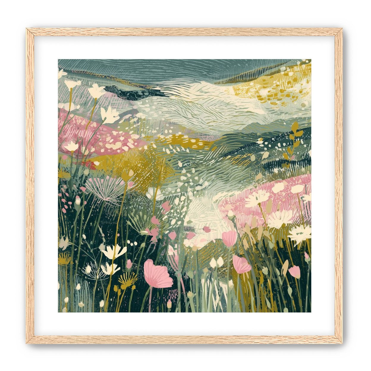 Teal sky over pink meadow