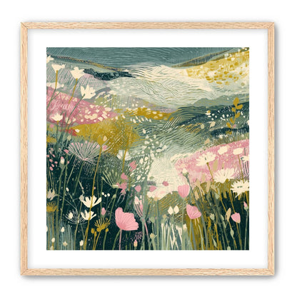 Teal sky over pink meadow