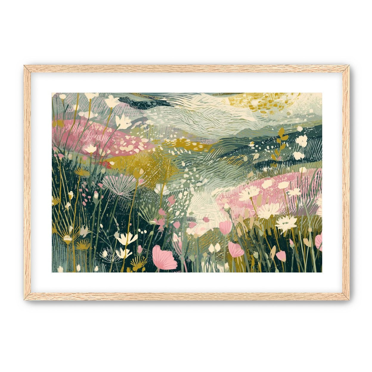 Teal sky over pink meadow