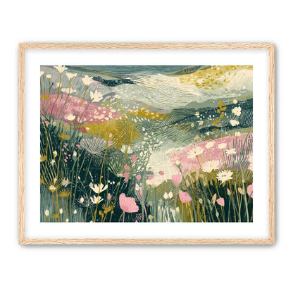 Teal sky over pink meadow