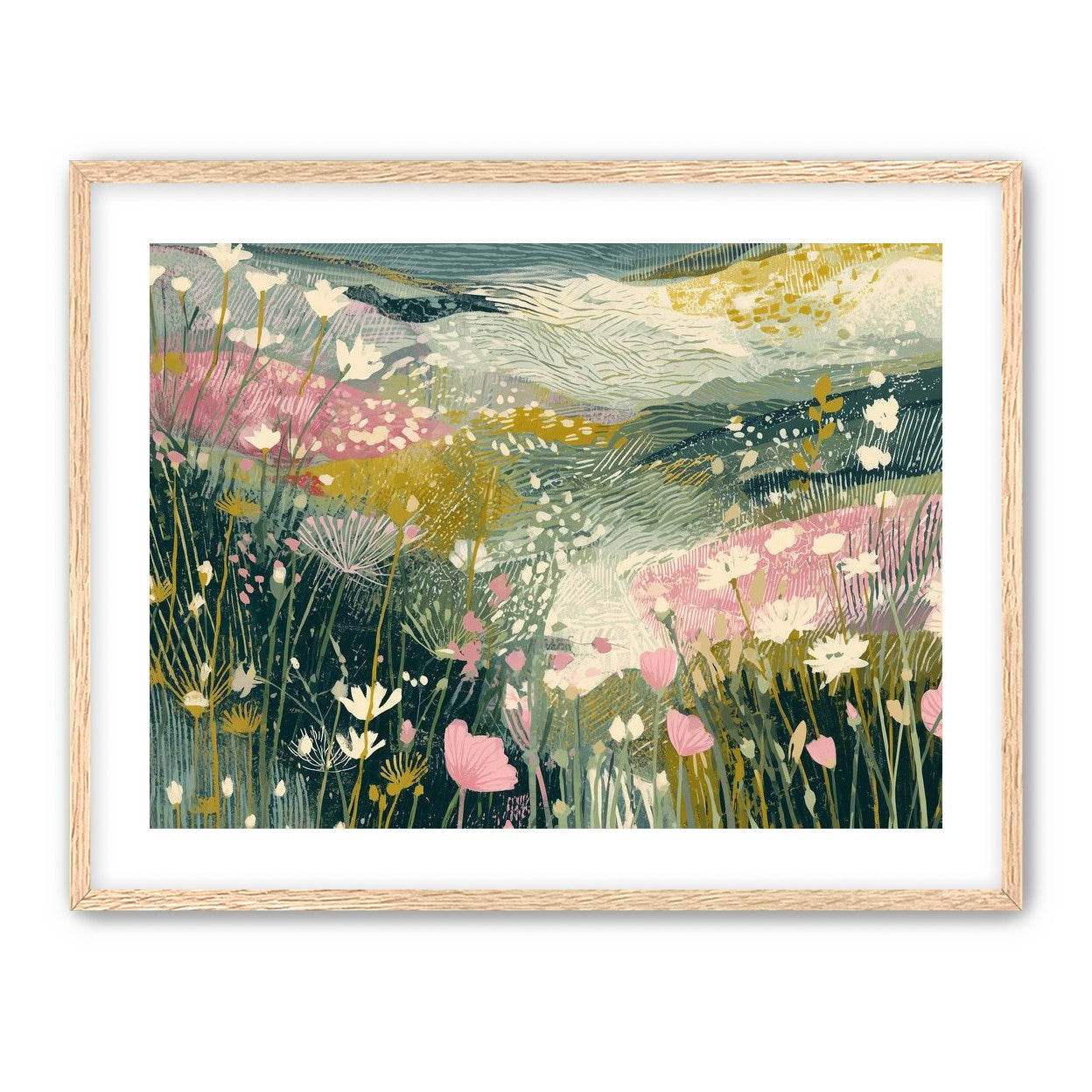 Teal sky over pink meadow