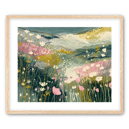 Teal sky over pink meadow