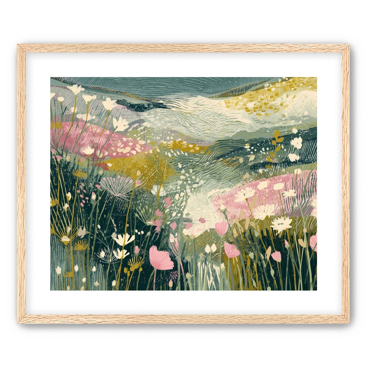 Teal sky over pink meadow