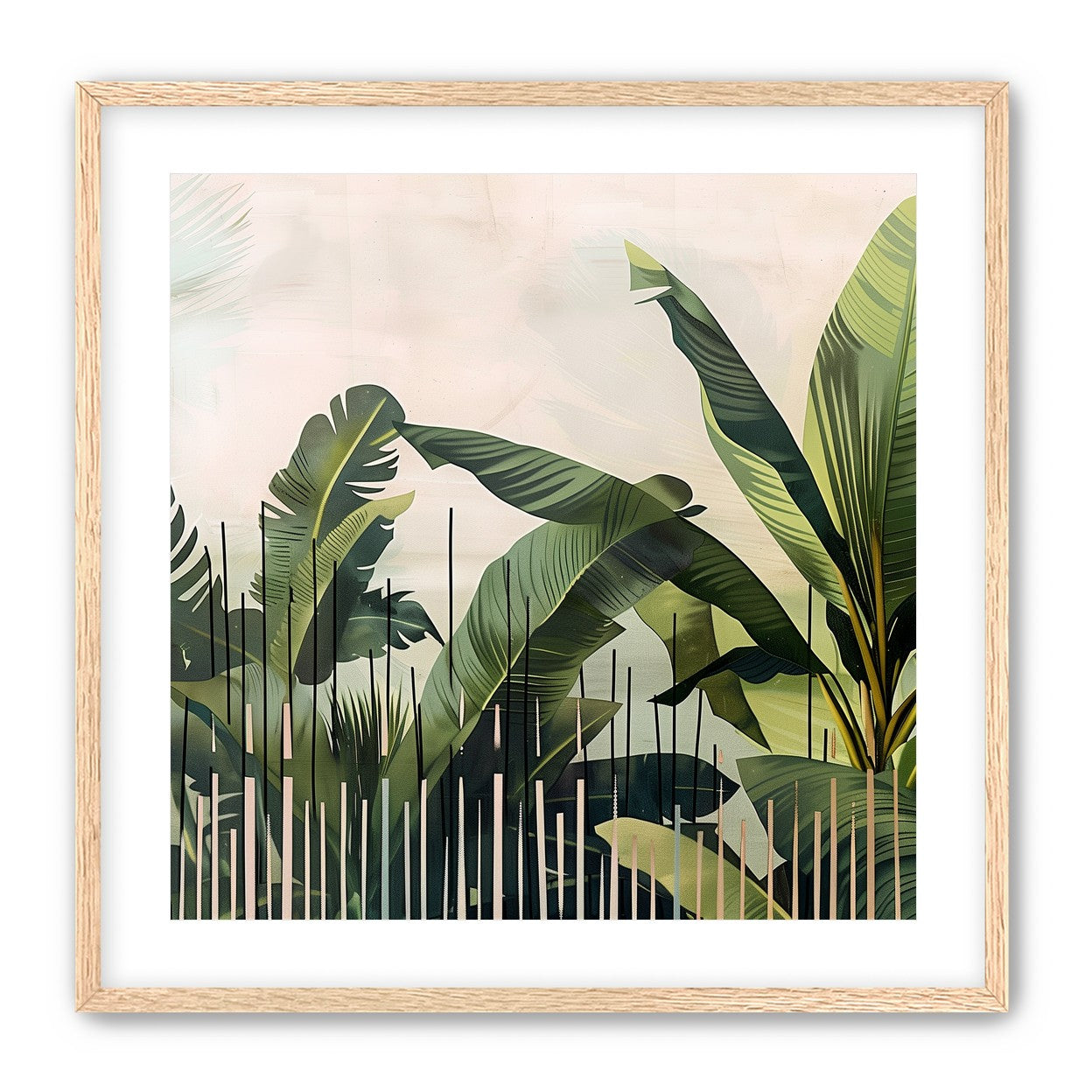 Tropical leaves behind black bars
