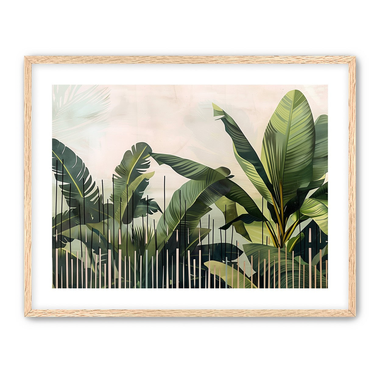 Tropical leaves behind black bars