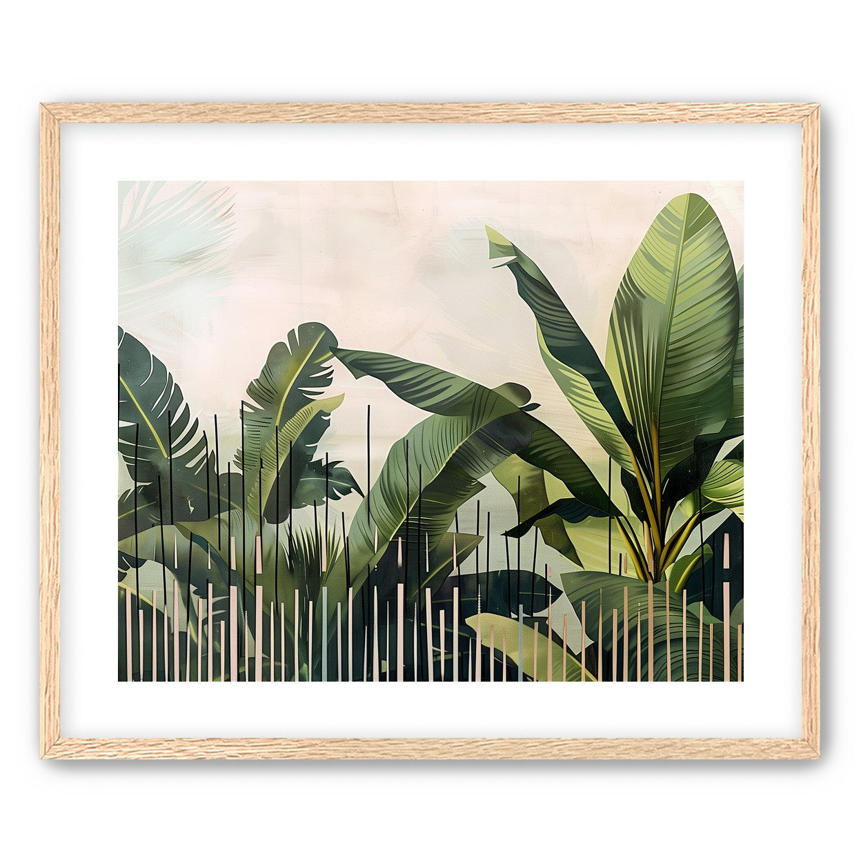 Tropical leaves behind black bars