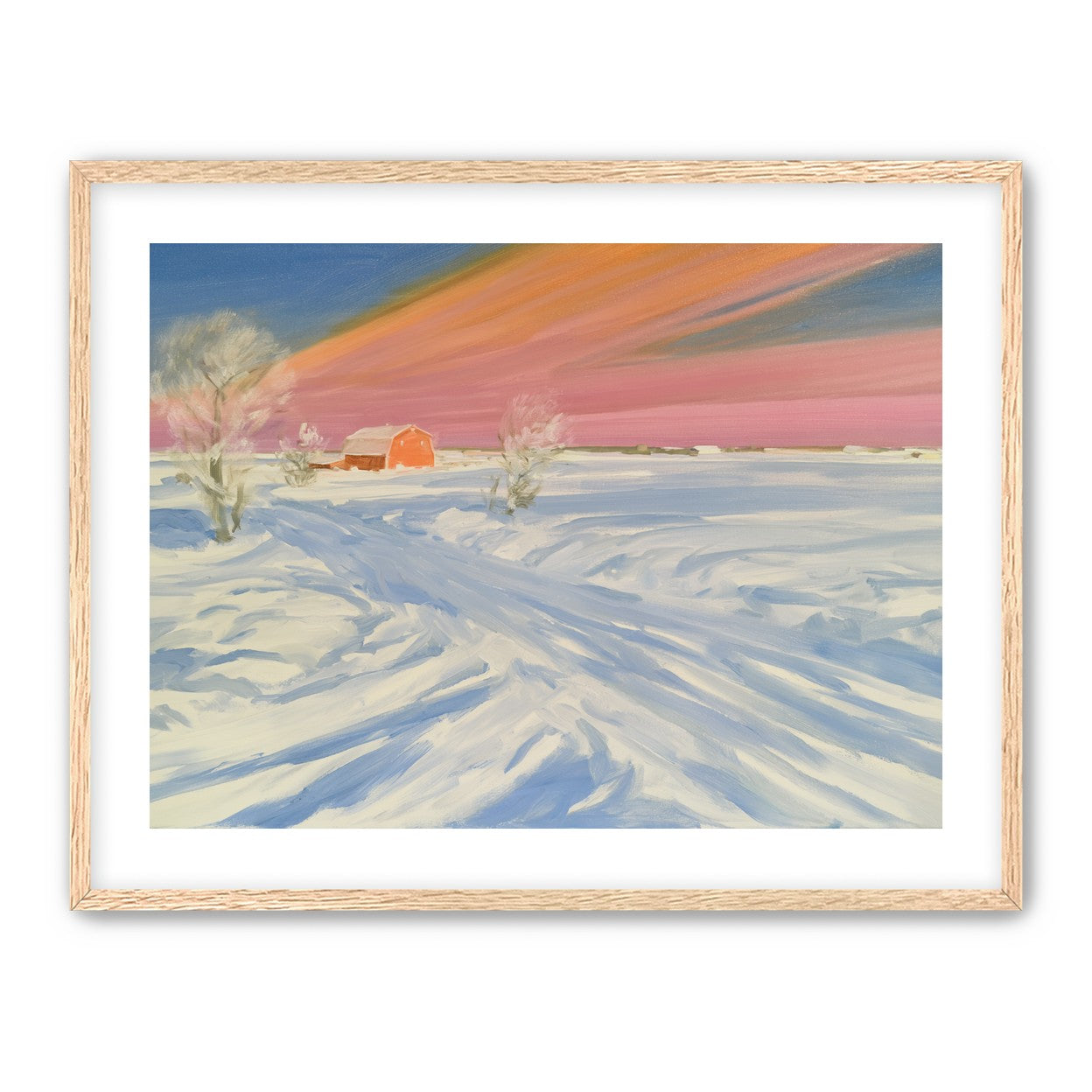 Pink sky over the red barn