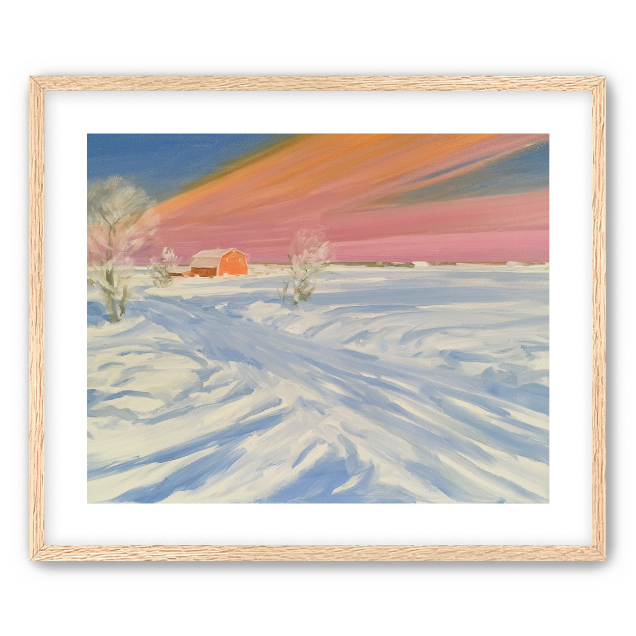 Pink sky over the red barn